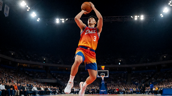 NBA篮球比赛夜晚球馆内球员投篮的比赛瞬间