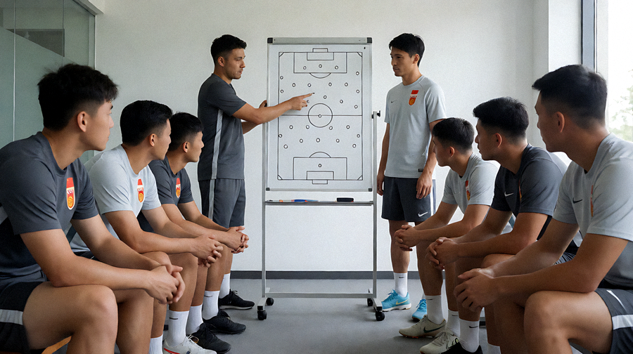 教练团队在战术板前布置比赛阵型，球员围坐倾听