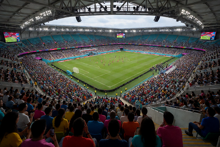 体育场看台与球场俯视图，展示赛事现场的规模与氛围