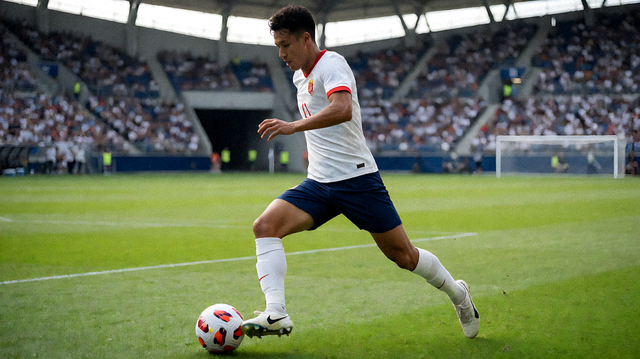 足球赛事现场球员在球场上展开攻防的比赛画面